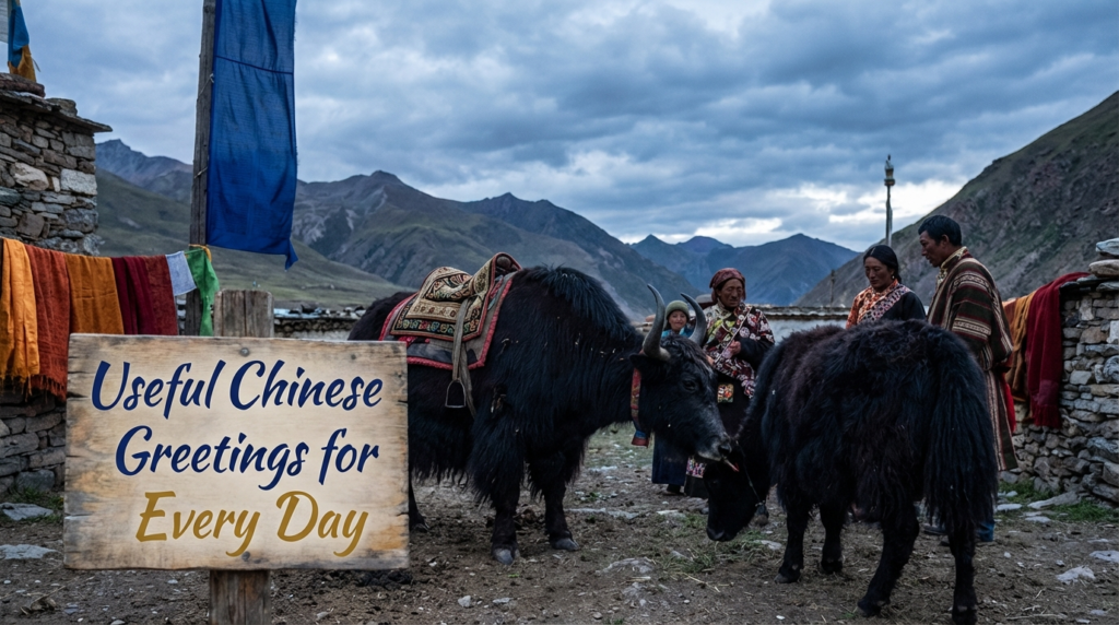 A personified yak Chinese teacher that teaches useful Chinese greetings for every day in simplified Chinese.