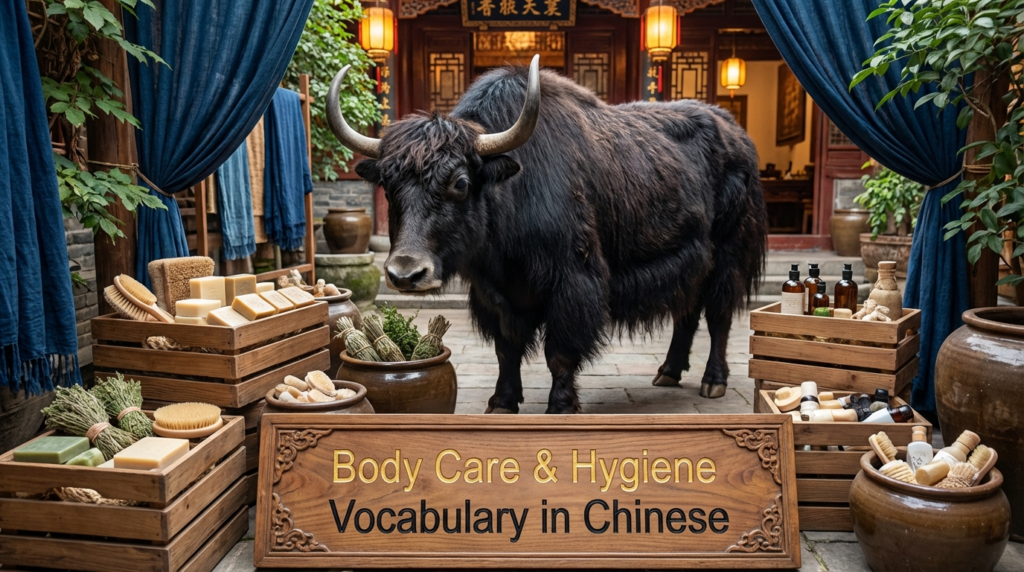 A personified yak Chinese teacher that teaches body care and hygiene vocabulary in simplified Chinese.