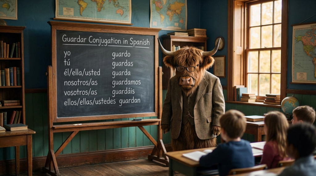 A personified yak Spanish teacher that explains guardar conjugation in Spanish with easy verb charts and real-life examples.