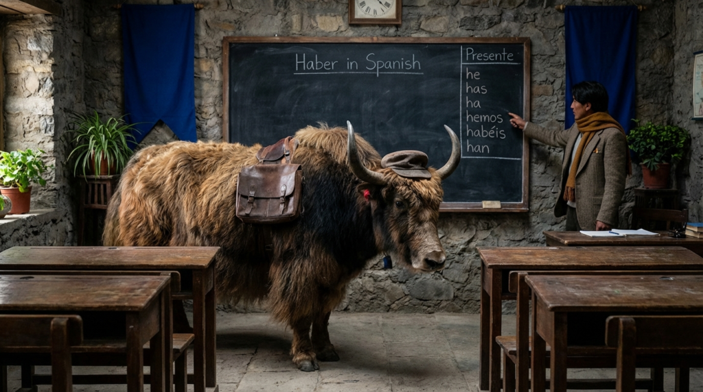 A personified yak Spanish teacher that explains haber in Spanish for beginners with he, has, ha, and hay.