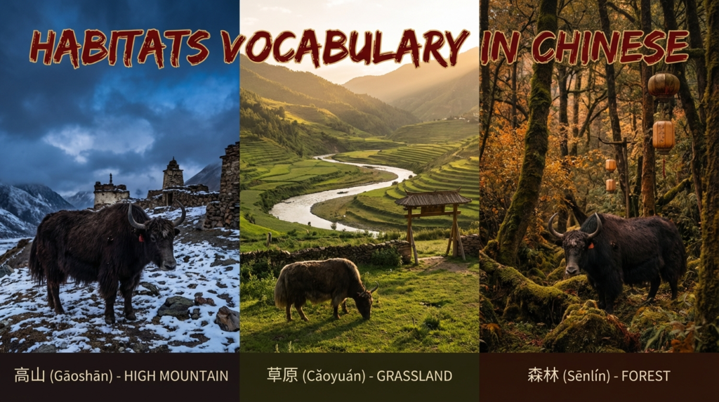 A personified yak Chinese teacher that teaches simplified Chinese habitats vocabulary for beginners.