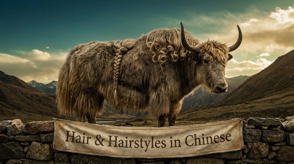 A personified yak Chinese teacher that teaches hair and hairstyles in Chinese with haircut and salon vocabulary.