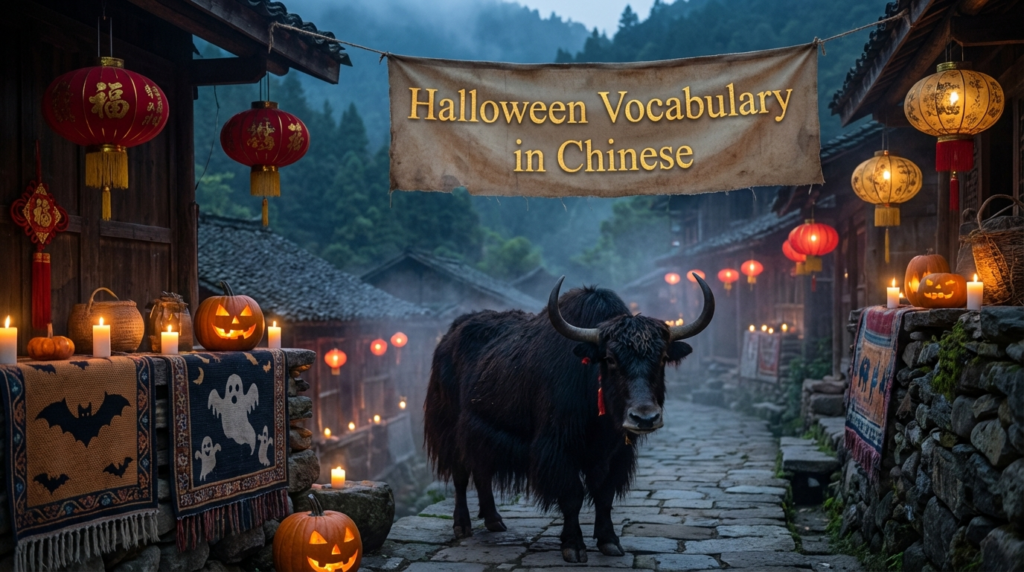 A personified yak Chinese teacher that teaches Halloween vocabulary in Chinese with pinyin, costumes, candy, and spooky phrases.