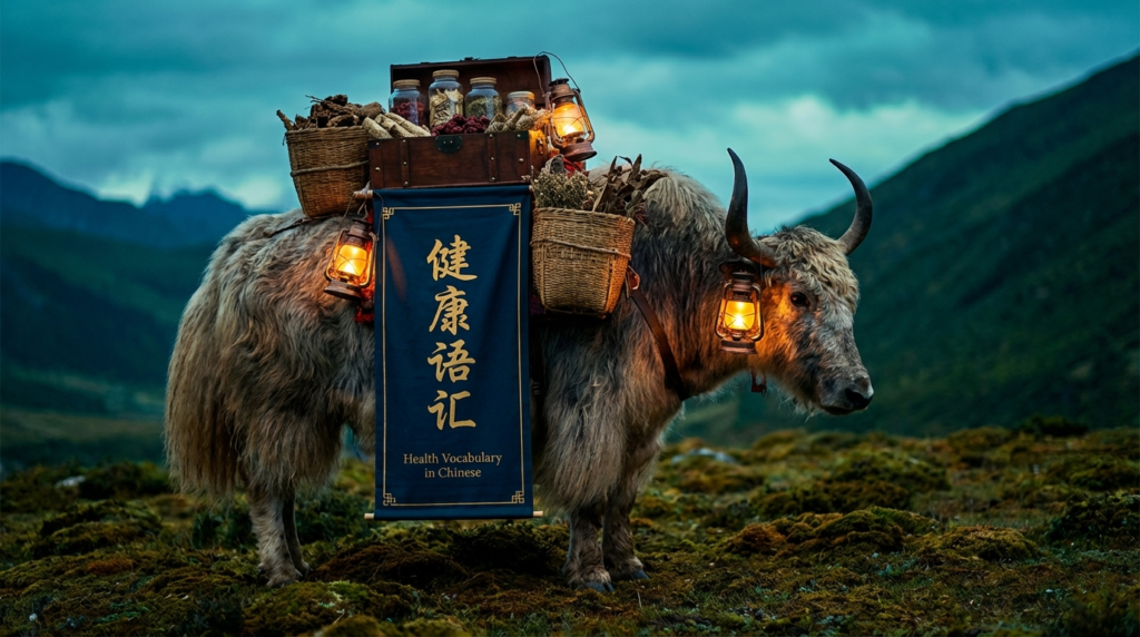 A personified yak Chinese teacher that teaches health vocabulary in Chinese with pinyin for beginners.
