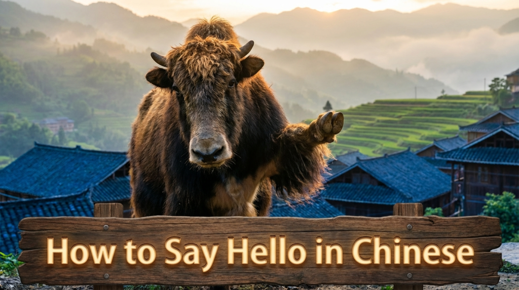 A personified yak Chinese teacher that explains how to say hello in Chinese with simple greetings for beginners.