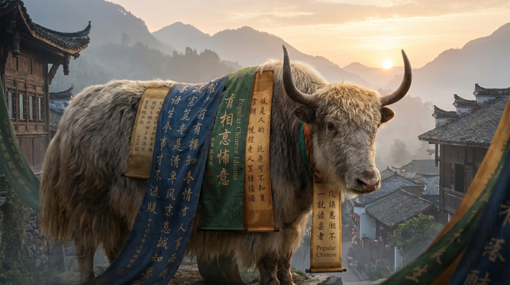 A personified yak Chinese teacher that teaches popular Chinese idioms with pinyin and easy examples.