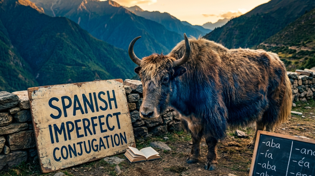 A personified yak Spanish teacher that teaches Spanish imperfect conjugation with charts, endings, and real-life examples.