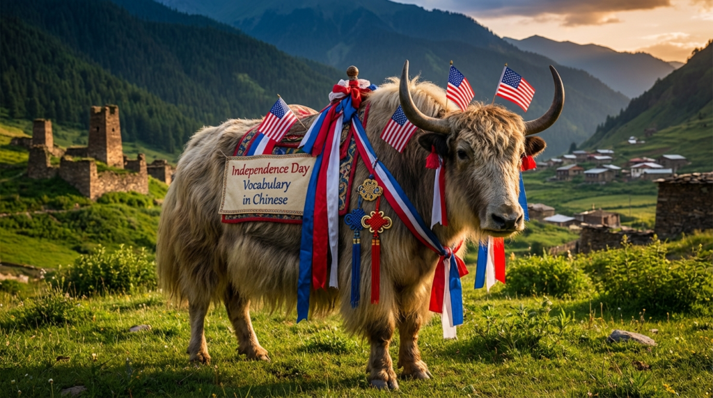 A personified yak Chinese teacher that teaches Independence Day vocabulary in Chinese for beginners.