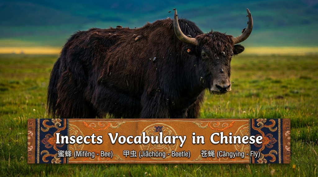 A personified yak Chinese teacher that teaches insects vocabulary in Chinese with pinyin and easy beginner examples.
