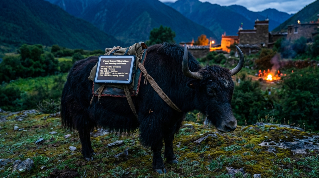 A personified yak Chinese teacher that explains simplified Chinese internet abbreviations and meanings with pinyin.
