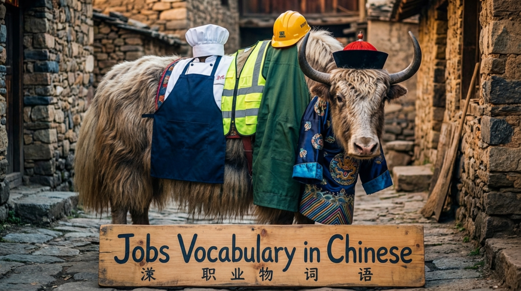 A personified yak Chinese teacher that teaches jobs vocabulary in Chinese with common occupations and work words.