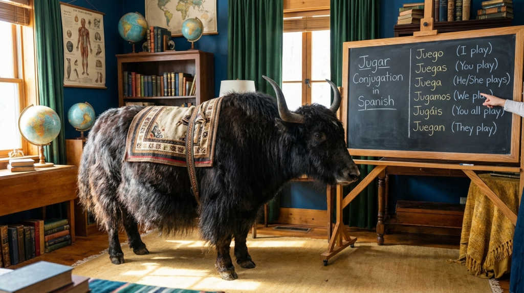 A personified yak Spanish teacher that explains jugar conjugation in Spanish with easy charts and real examples for beginners.