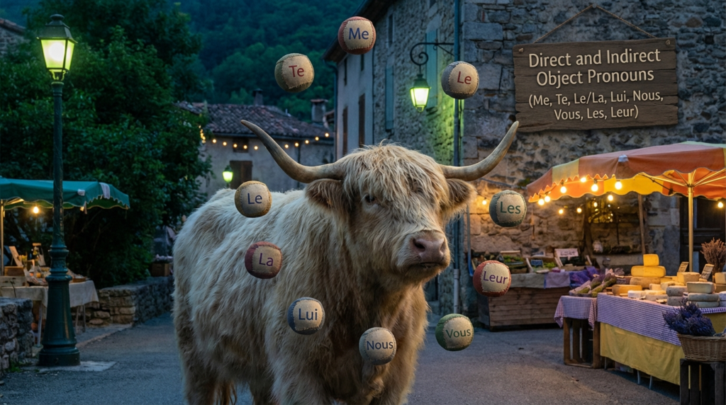 A personified yak French teacher that explains French direct and indirect object pronouns me te le la lui nous vous les leur.