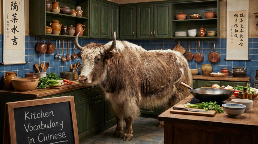 A personified yak Chinese teacher that teaches kitchen vocabulary in Chinese for beginners.
