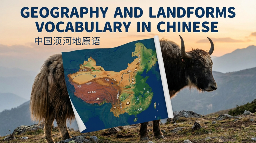 A personified yak Chinese teacher that teaches Chinese geography and landforms vocabulary for beginners.