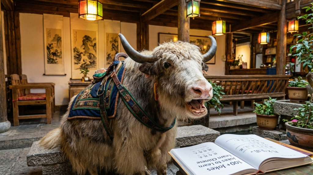 A personified yak Chinese teacher that teaches 100+ Chinese jokes for beginners with simplified Chinese, pinyin, and easy punchlines.