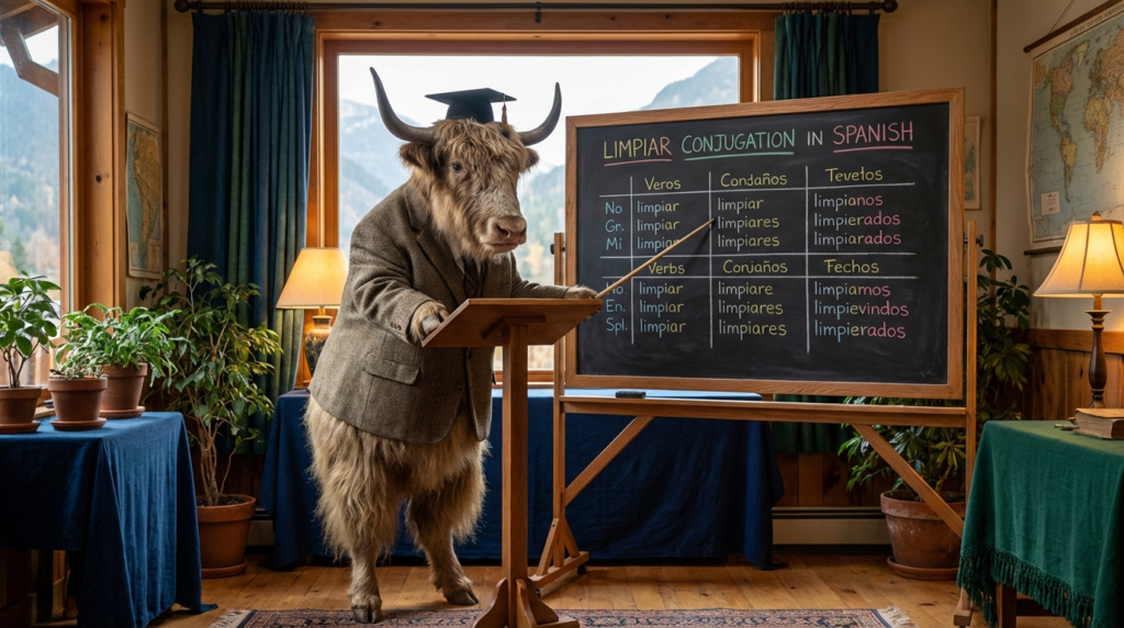A personified yak Spanish teacher that explains limpiar conjugation in Spanish with easy charts and real-life examples.