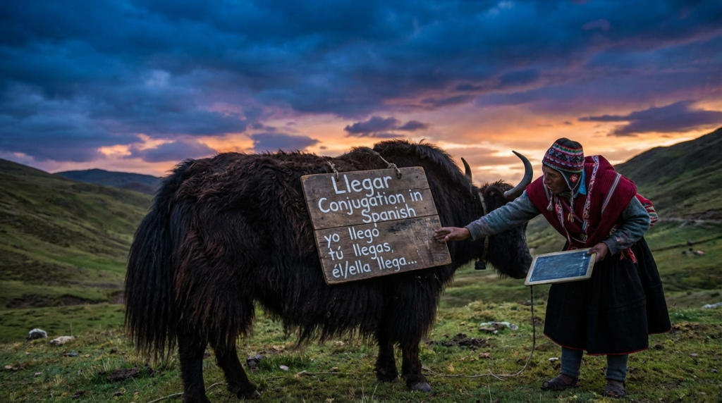 A personified yak Spanish teacher that teaches Spanish llegar conjugation for beginners with easy charts and real-life examples.