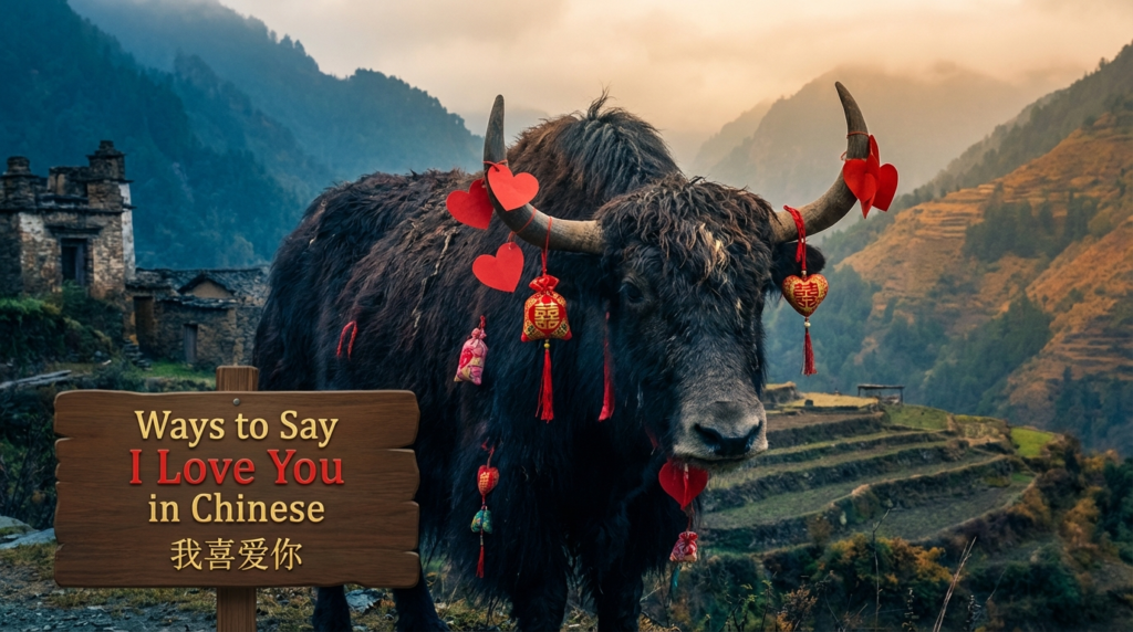 A personified yak Chinese teacher that explains ways to say I love you in Chinese with pinyin and real examples.