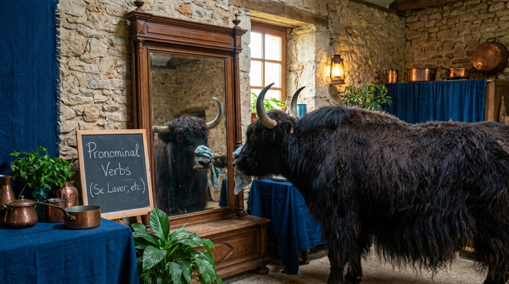 A personified yak French teacher that explains French pronominal verbs like se laver and se lever for beginners.