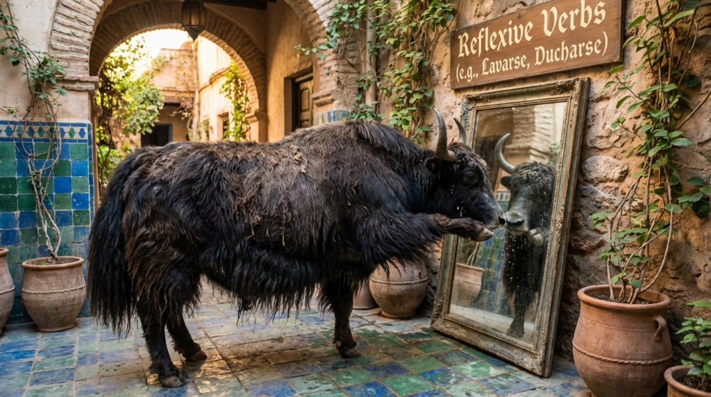 A personified yak Spanish teacher that teaches Spanish reflexive verbs like lavarse and ducharse with daily routine examples.