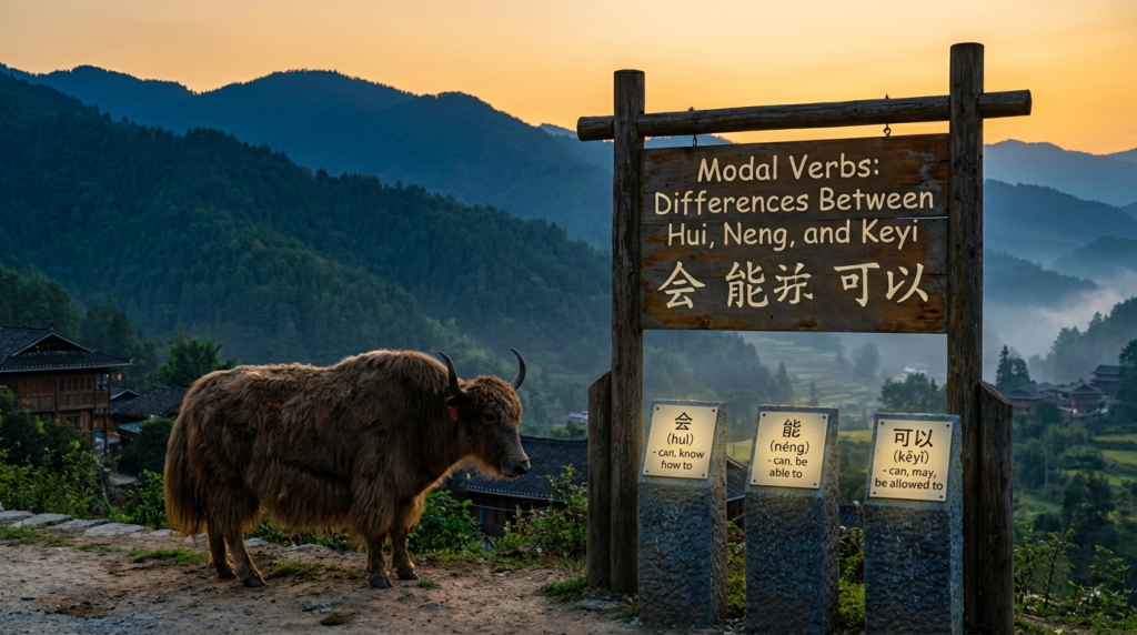 A personified yak Chinese teacher that explains simplified Chinese modal verbs hui neng keyi for beginners.