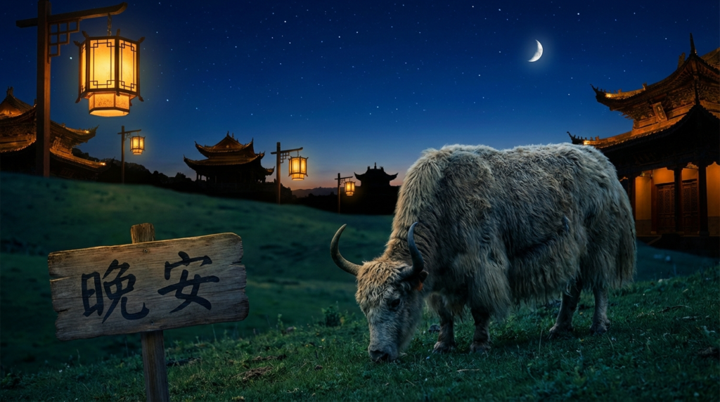 A personified yak Chinese teacher that teaches good night in Chinese with 晚安 wǎn ān, bedtime phrases, and pinyin for beginners.