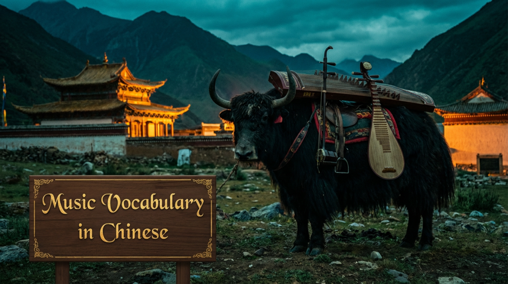 A personified yak Chinese teacher that teaches music vocabulary in Chinese for beginners.