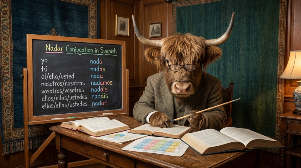 A personified yak Spanish teacher that explains nadar conjugation in Spanish with easy verb charts and beginner examples.