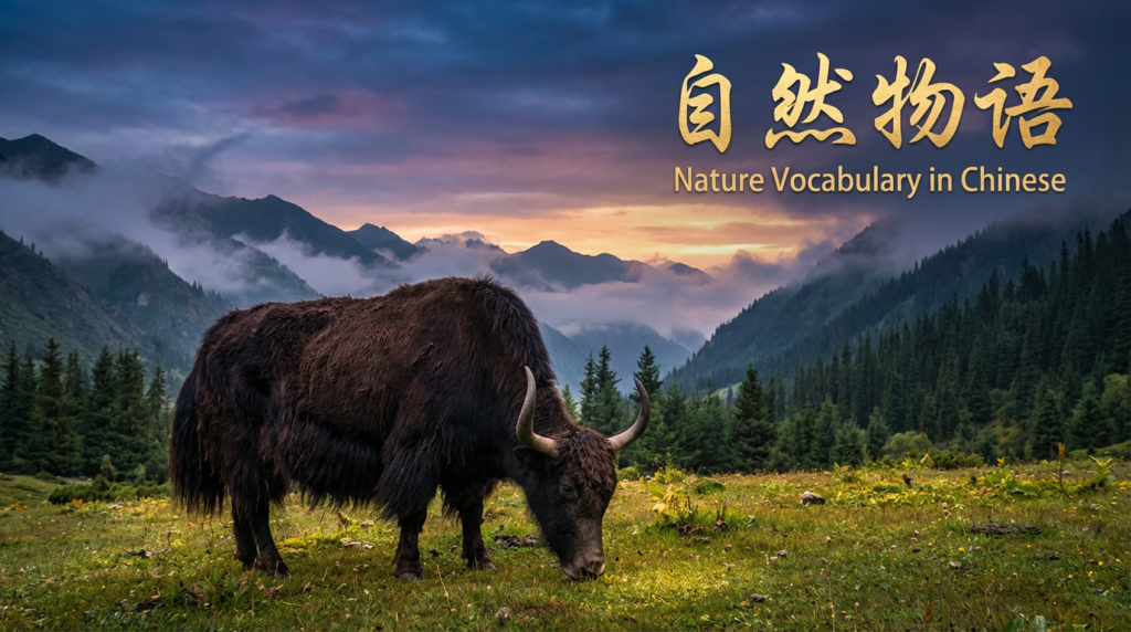 A personified yak Chinese teacher that teaches Chinese nature vocabulary words and phrases with pinyin.