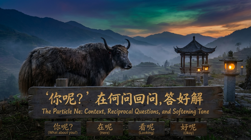 A personified yak Chinese teacher that teaches simplified Chinese 呢 (ne) for context, reciprocal questions, and soft tone.