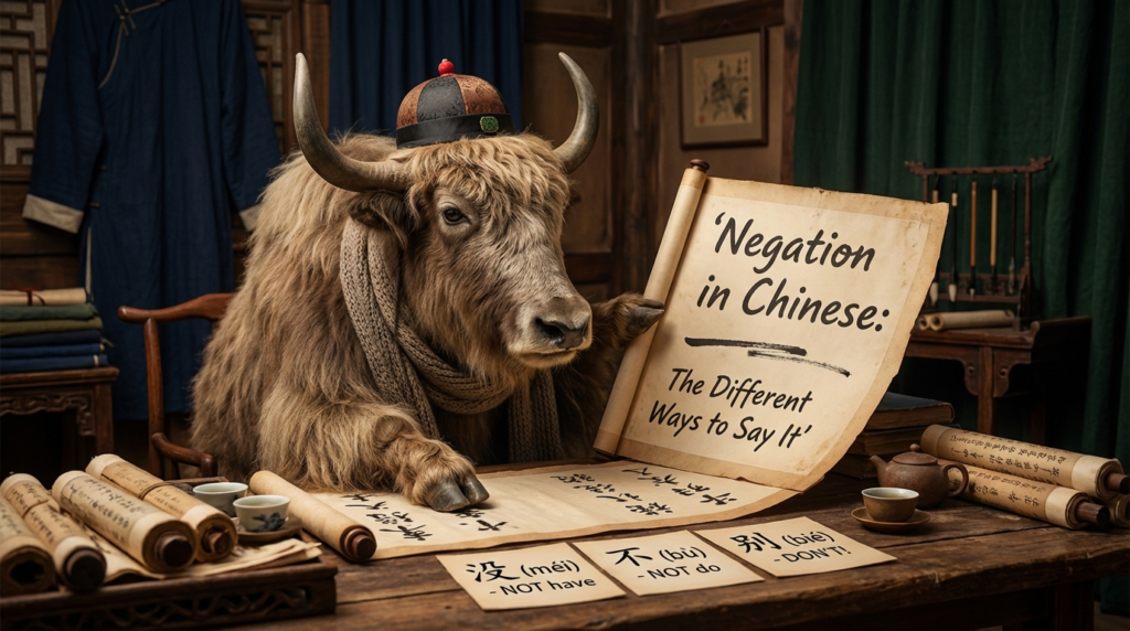 A personified yak Chinese teacher that explains simplified Chinese negation with 不 bù and 没 méi for beginners.