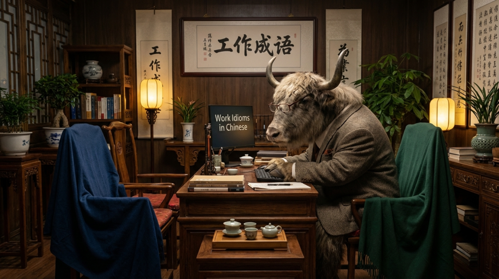 A personified yak Chinese teacher that explains simplified Chinese work idioms with pinyin for office life and career talk.