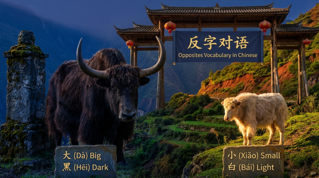 A personified yak Chinese teacher that teaches Chinese opposites vocabulary with pinyin and easy beginner examples.