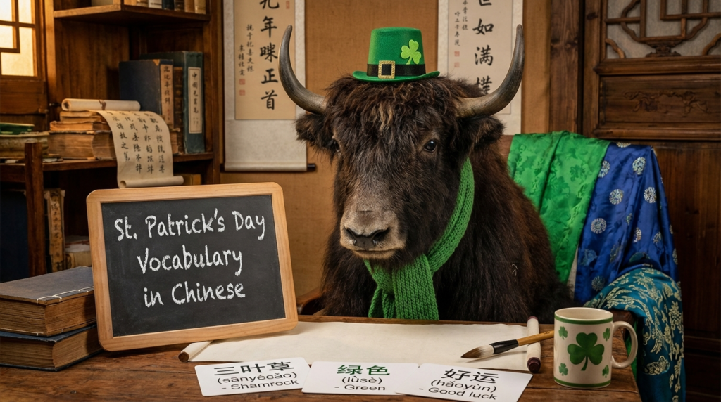 A personified yak Chinese teacher that teaches St. Patrick’s Day vocabulary in simplified Chinese with pinyin.