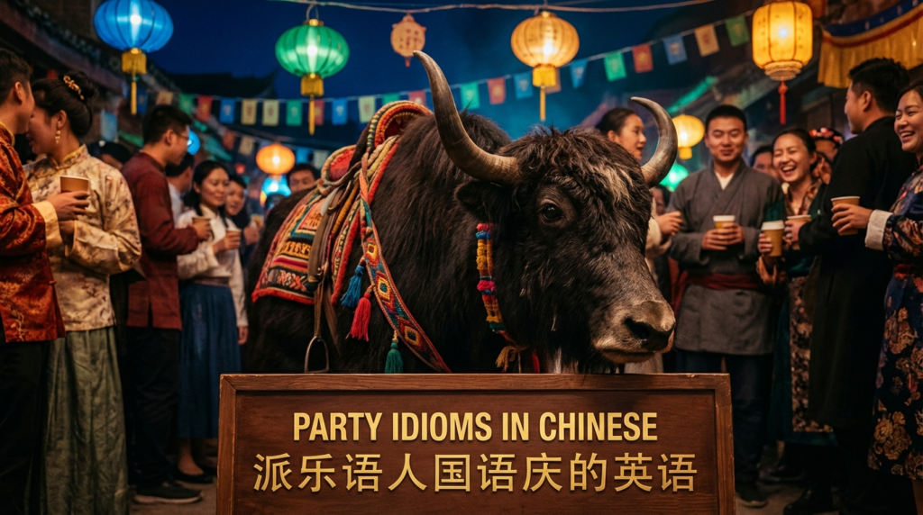 A personified yak Chinese teacher that teaches Chinese party idioms and phrases with pinyin for beginners.