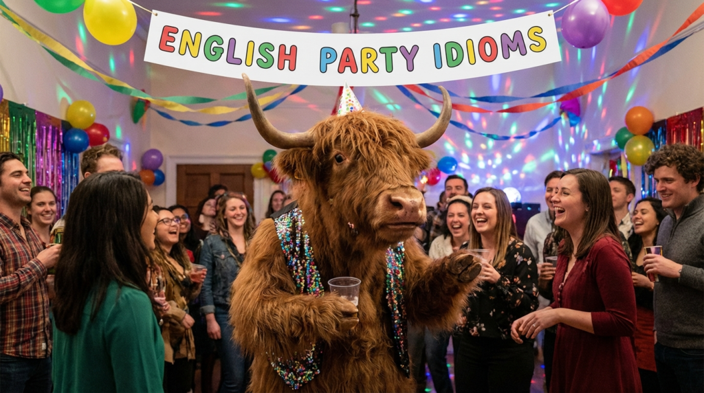 A personified yak English teacher that explains English party idioms with meanings and real examples.