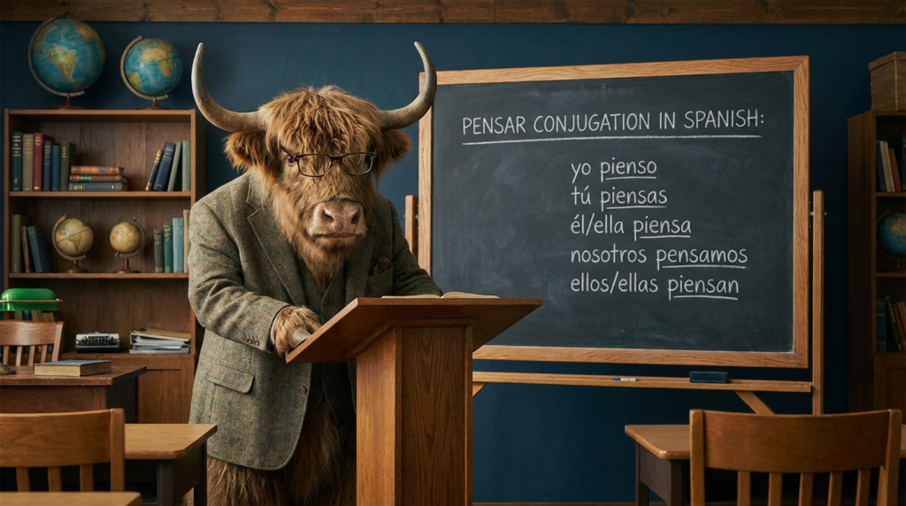 A personified yak Spanish teacher that explains pensar conjugation in Spanish with easy charts and real examples.