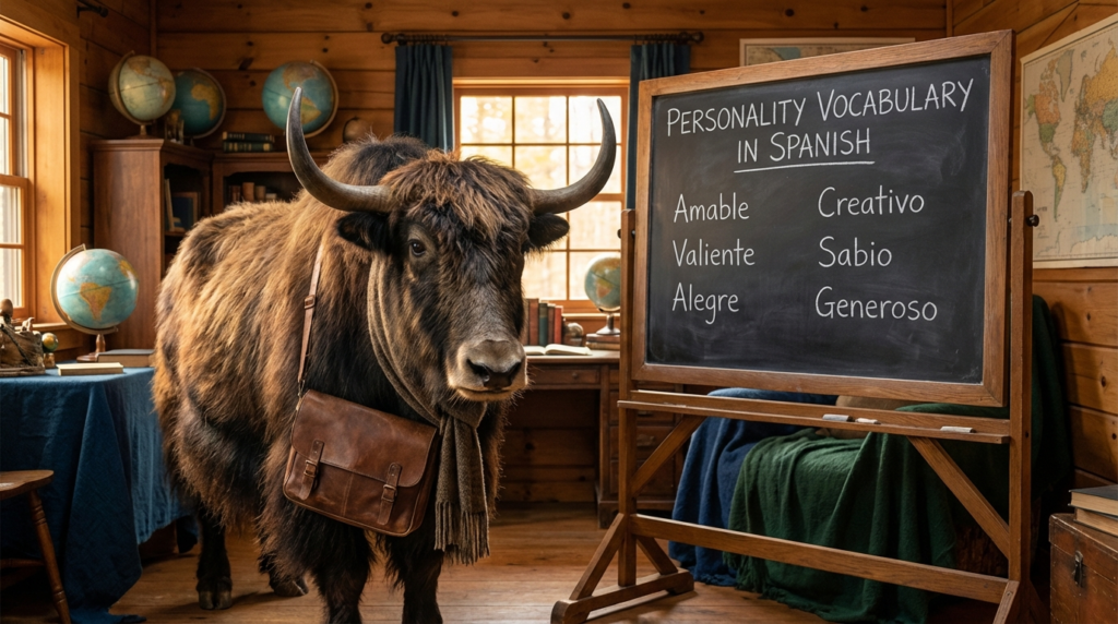 A personified yak Spanish teacher that teaches Spanish personality vocabulary with easy words and phrases for beginners.
