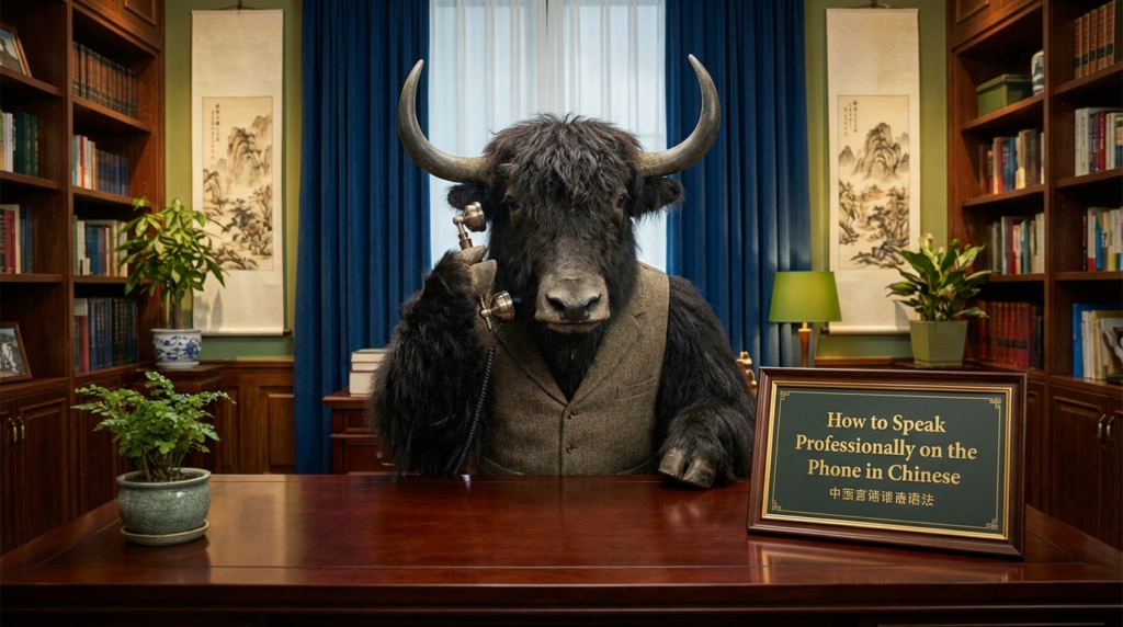 A personified yak Chinese teacher that teaches simplified Chinese phone phrases for professional business calls.