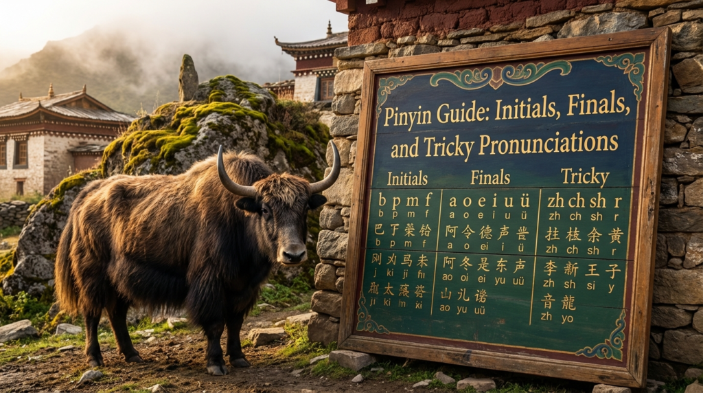 A personified yak Chinese teacher that explains simplified Chinese pinyin initials finals and tricky pronunciations for beginners.