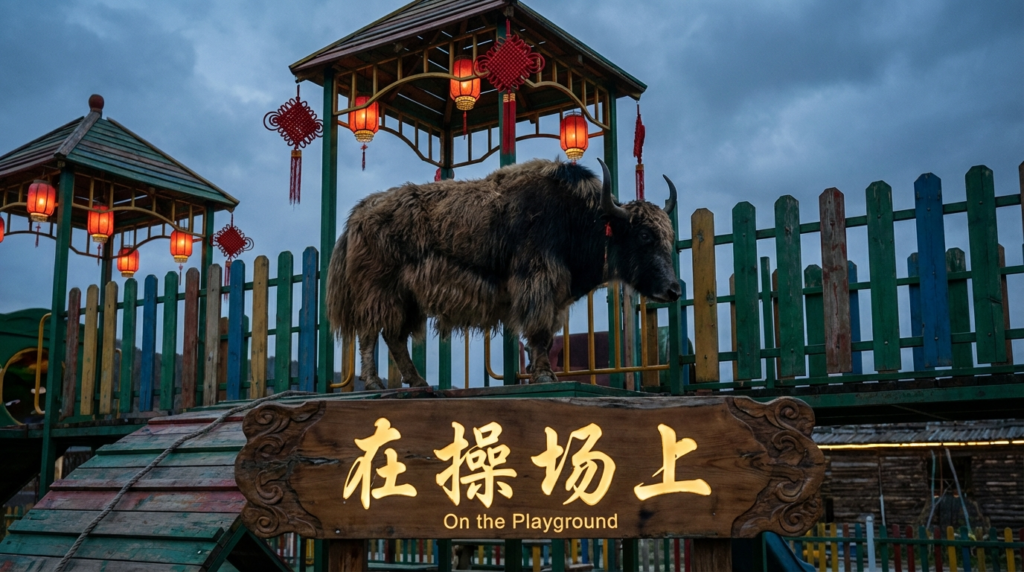 A personified yak Chinese teacher that teaches playground in Chinese with beginner words and phrases.