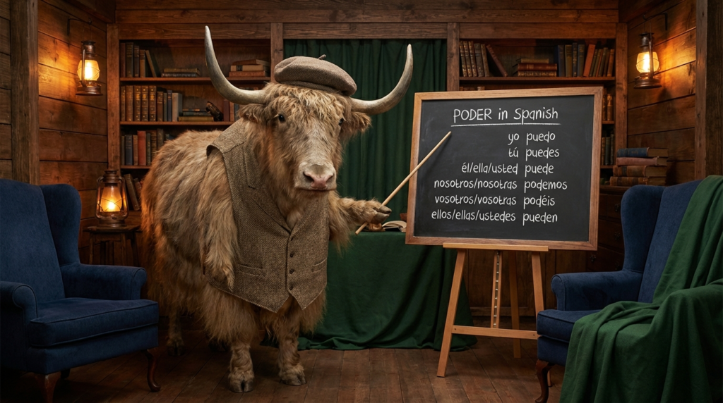 A personified yak Spanish teacher that teaches poder in Spanish with easy examples.