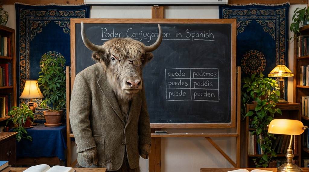 A personified yak Spanish teacher that teaches poder conjugation in Spanish with easy charts, real examples, and common mistakes.