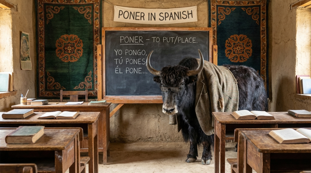 A personified yak Spanish teacher that teaches poner in Spanish with conjugation and real-life phrases.