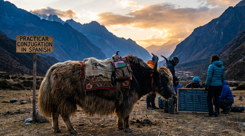 A personified yak Spanish teacher that explains practicar conjugation in Spanish with easy charts and real-life examples.