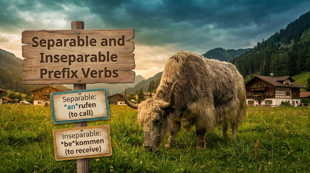 A personified yak German teacher that explains German separable and inseparable prefix verbs for beginners.
