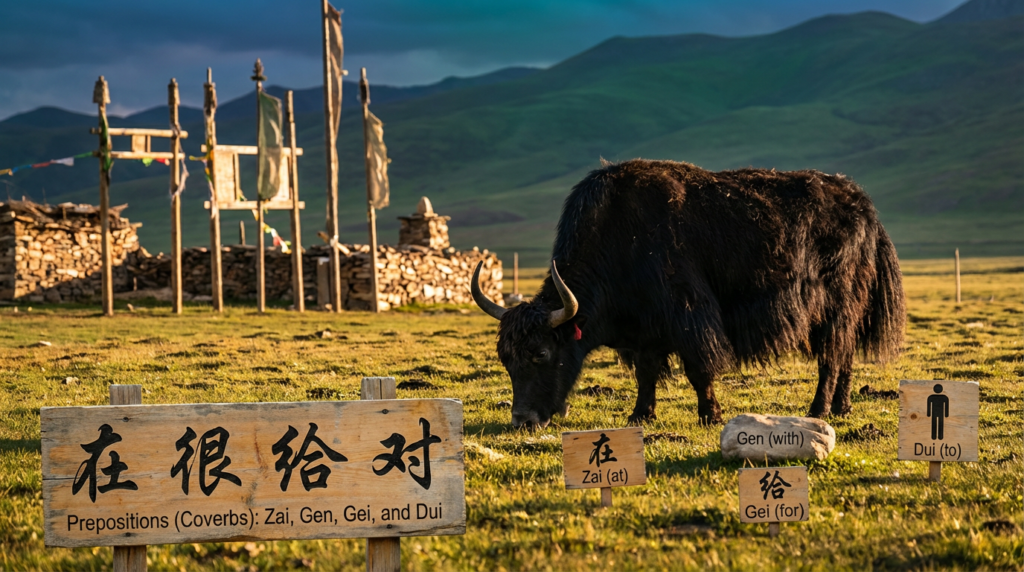 A personified yak Chinese teacher that teaches simplified Chinese prepositions Zai, Gen, Gei, and Dui for beginners.