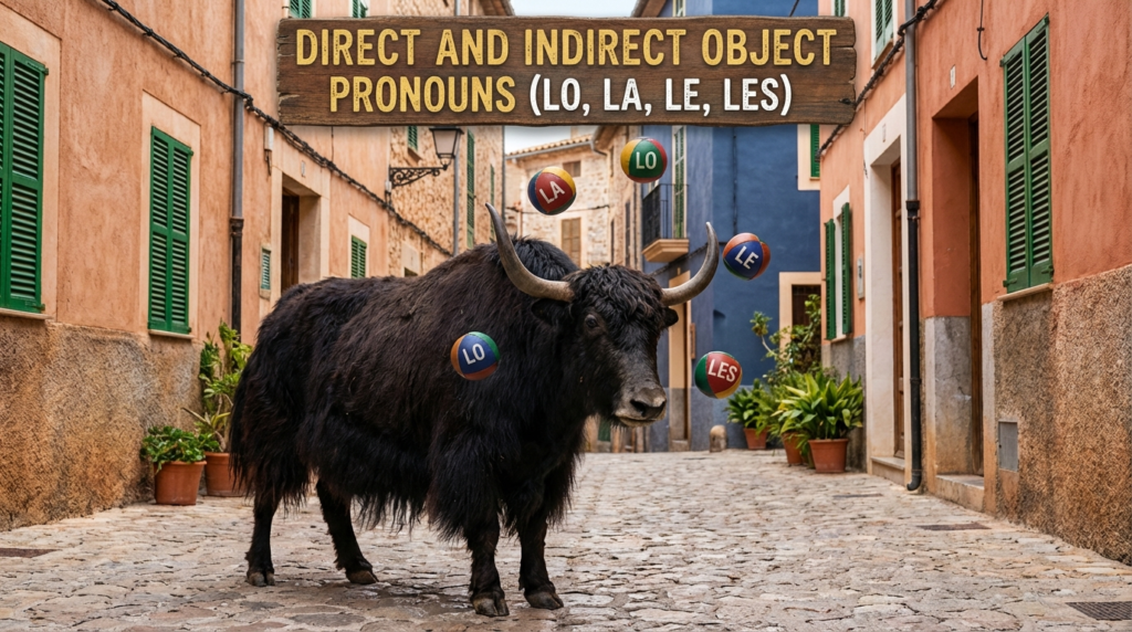 A personified yak Spanish teacher that explains Spanish direct and indirect object pronouns lo, la, le, les with charts and real-life examples.