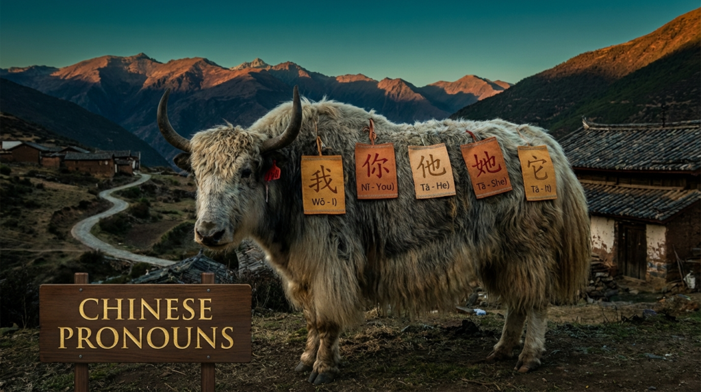 A personified yak Chinese teacher that explains simplified Chinese pronouns for beginners with pinyin and real examples.
